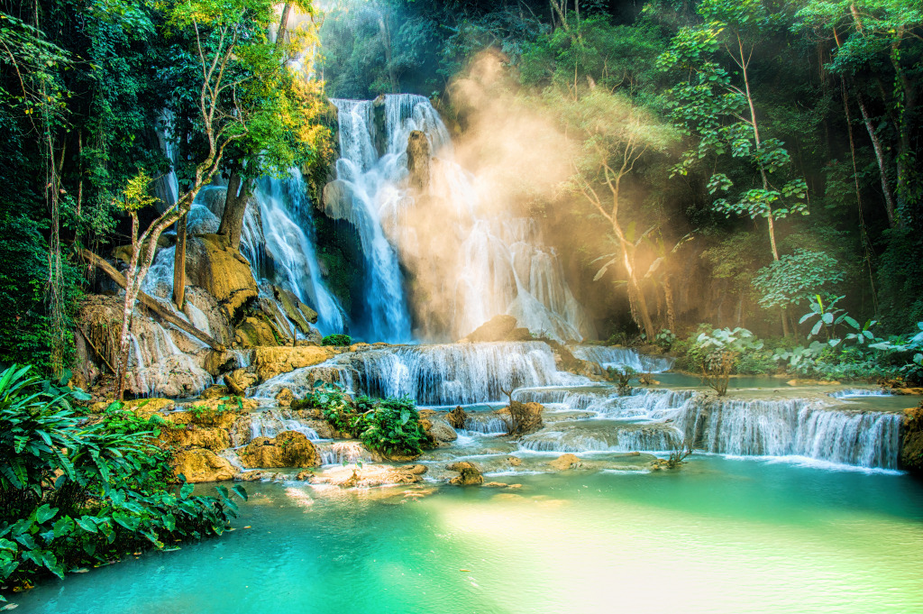 Kuang Si Falls, Laos jigsaw puzzle in Waterfalls puzzles on TheJigsawPuzzles.com