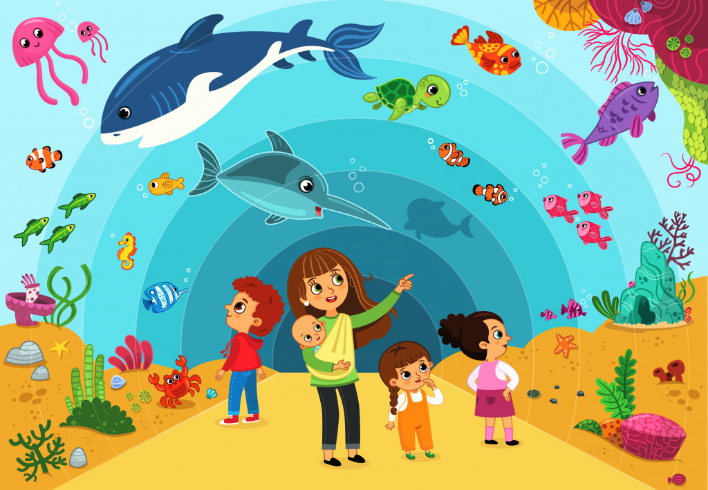 Une famille visitant un aquarium jigsaw puzzle in Sous les mers puzzles on TheJigsawPuzzles.com