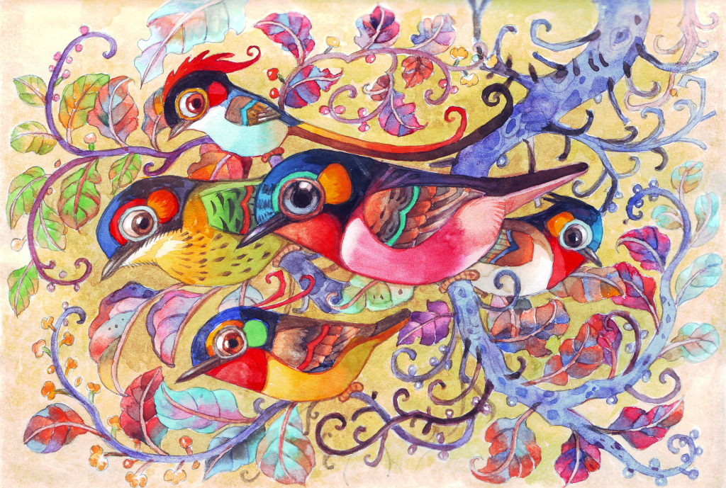 Aquarela de Pássaros Coloridos jigsaw puzzle in Animais puzzles on TheJigsawPuzzles.com