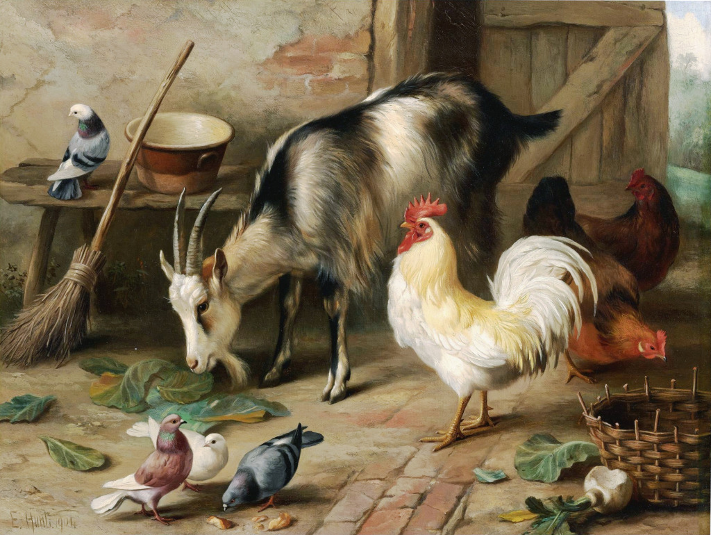 A Goat, Chicken and Doves in a Stable jigsaw puzzle in Puzzle of the Day puzzles on TheJigsawPuzzles.com