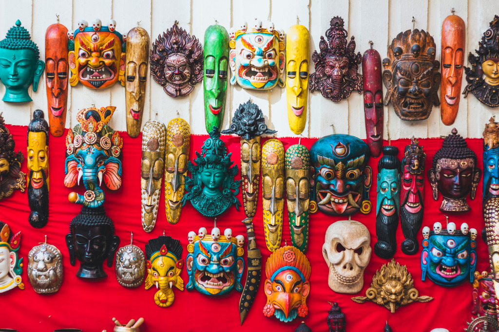 Carved Wooden Masks, Kathmandu, Nepal jigsaw puzzle in Handmade puzzles on TheJigsawPuzzles.com