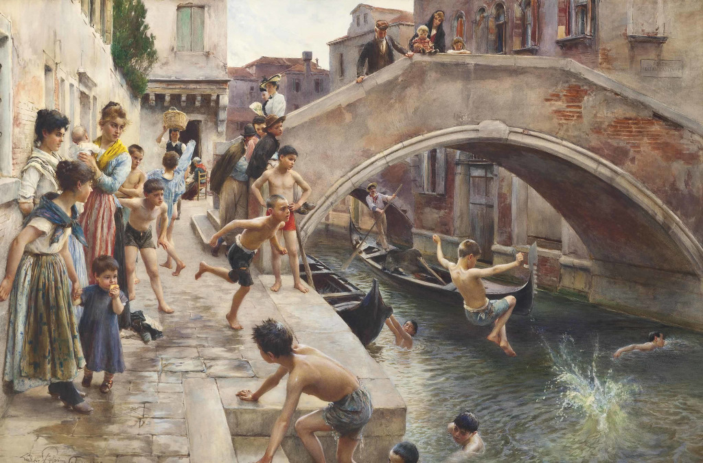 Children Leaping Into A Venetian Canal jigsaw puzzle in Piece of Art puzzles on TheJigsawPuzzles.com