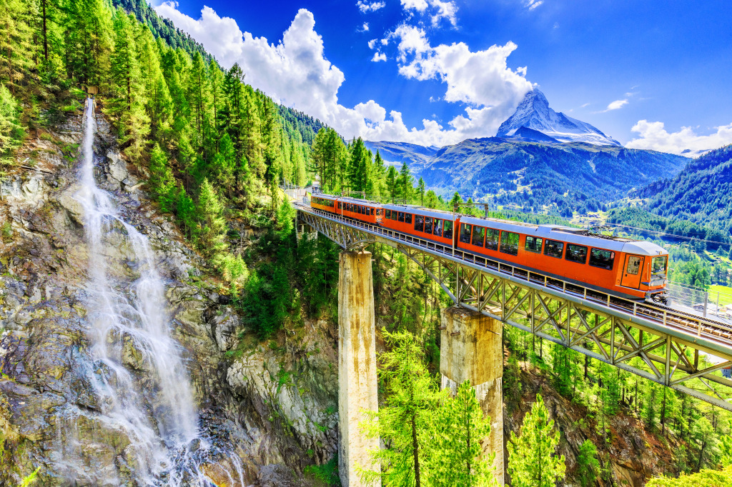 Train touristique, Zermatt, Suisse jigsaw puzzle in Chutes d'eau puzzles on TheJigsawPuzzles.com