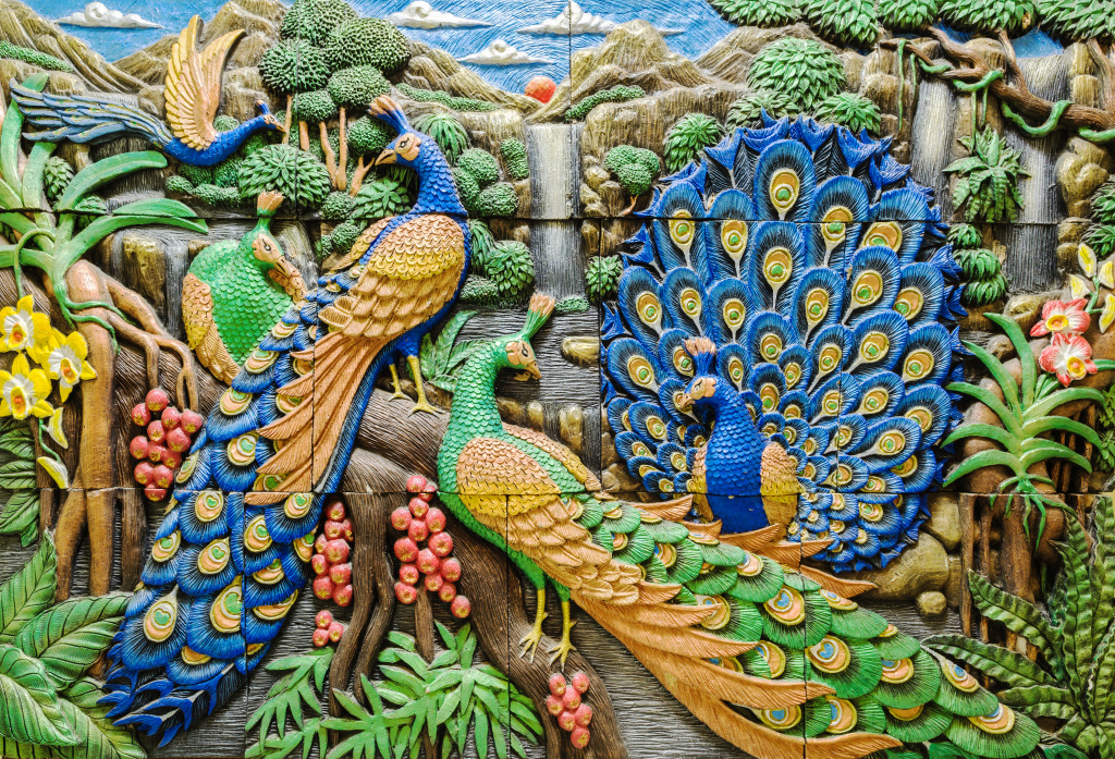 Peacock Carvings, Phitsanulok, Thailand jigsaw puzzle in Handmade puzzles on TheJigsawPuzzles.com