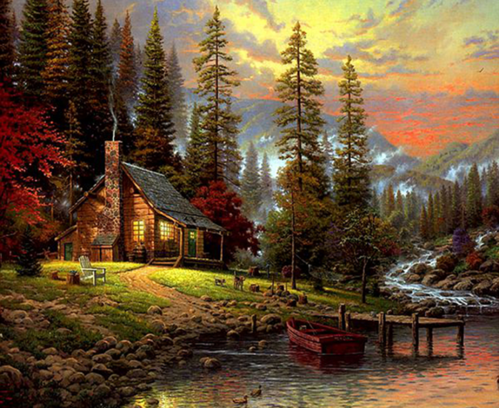 Cabin by river jigsaw puzzle in Carol Lewis puzzles on TheJigsawPuzzles.com