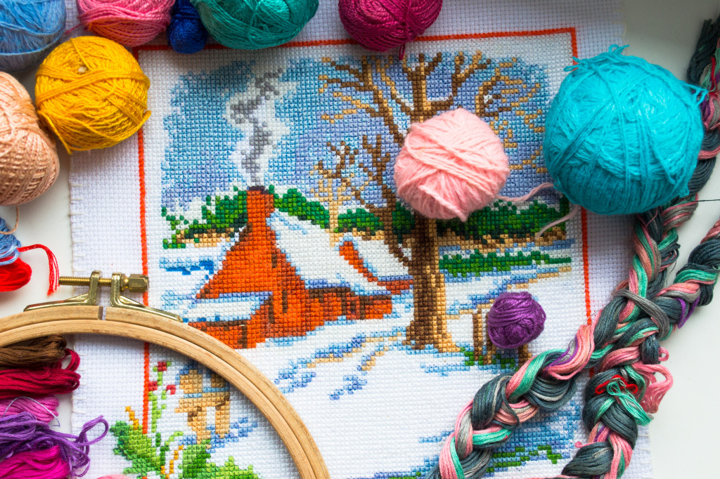 Embroidered Winter House jigsaw puzzle in Handmade puzzles on TheJigsawPuzzles.com