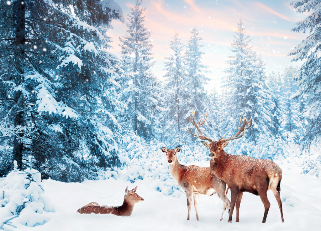 Family of Noble Deer in a Winter Forest jigsaw puzzle in Animaux puzzles on TheJigsawPuzzles.com
