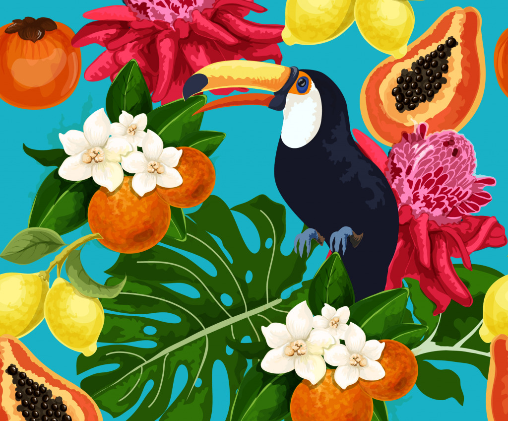 Toucan et fruits exotiques jigsaw puzzle in Fruits & Légumes puzzles on TheJigsawPuzzles.com