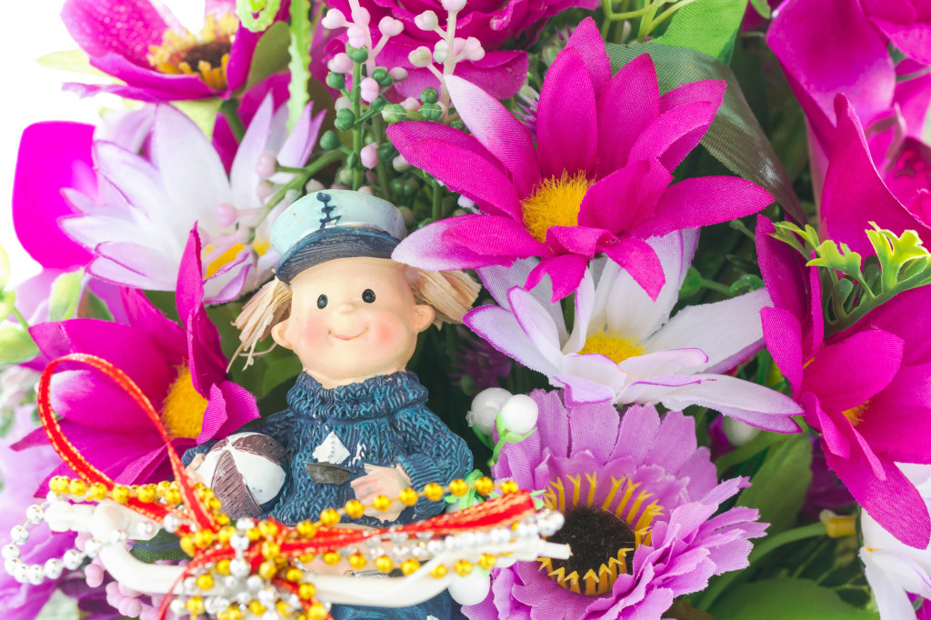 Fabric Flowers and Little Boy Doll jigsaw puzzle in Flowers puzzles on TheJigsawPuzzles.com