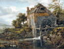 A Thatch-Roofed House with a Water Mill