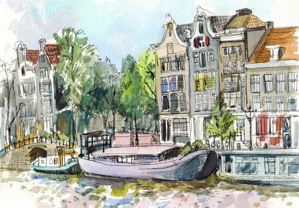 Amsterdam Watercolor jigsaw puzzle in Puzzle of the Day puzzles on TheJigsawPuzzles.com