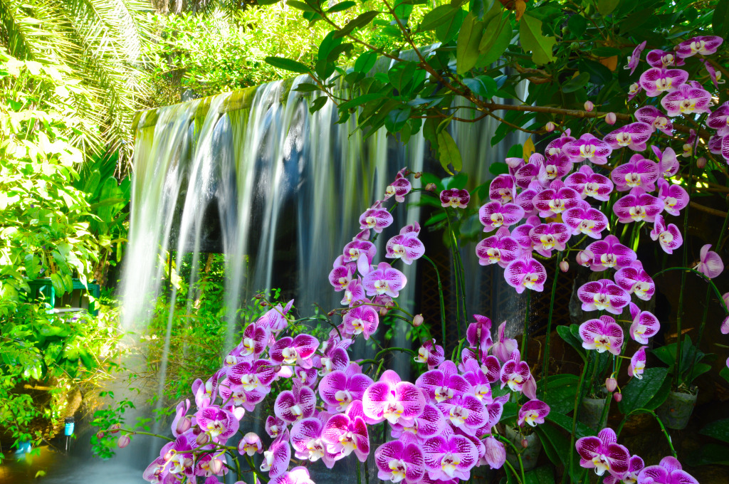 Waterfall with Flowers in the Garden jigsaw puzzle in Waterfalls puzzles on TheJigsawPuzzles.com