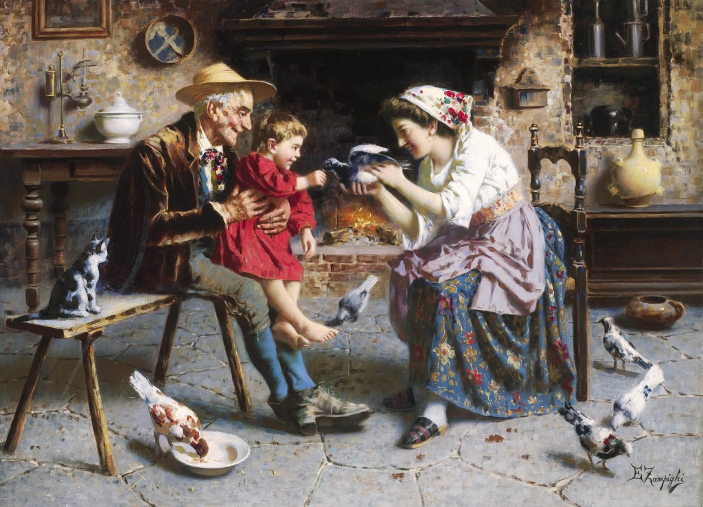 Tame Pidgeon; a Family in an Interior jigsaw puzzle in Piece of Art puzzles on TheJigsawPuzzles.com