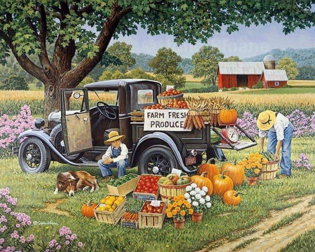 Farmers and truck jigsaw puzzle in Carol Lewis puzzles on TheJigsawPuzzles.com