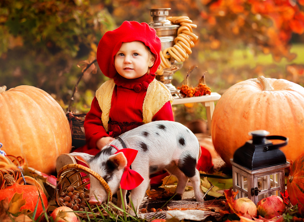 Girl With a Mini Pig jigsaw puzzle in Puzzle of the Day puzzles on TheJigsawPuzzles.com