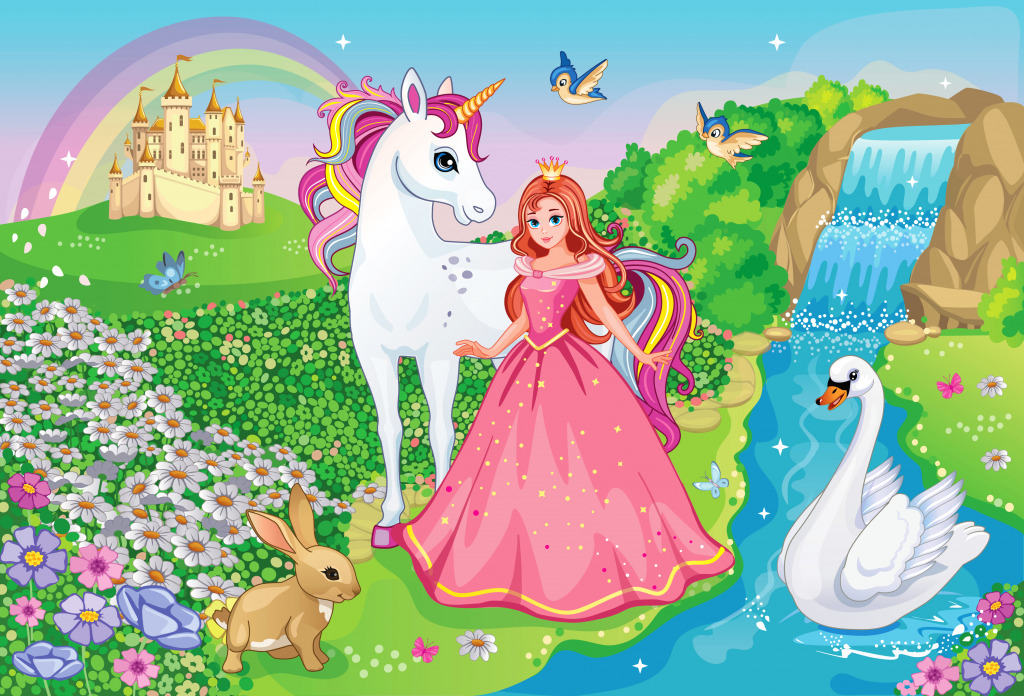 Conte de fées avec une princesse et une licorne blanche jigsaw puzzle in Puzzles pour enfants puzzles on TheJigsawPuzzles.com