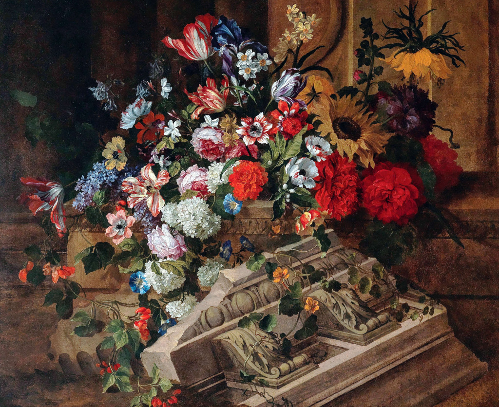Flowers near a Classical Cornice jigsaw puzzle in Piece of Art puzzles on TheJigsawPuzzles.com