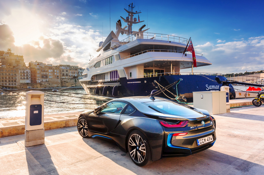 BMW I8 at the Marina in Birgu, Malta jigsaw puzzle in Puzzle of the Day puzzles on TheJigsawPuzzles.com