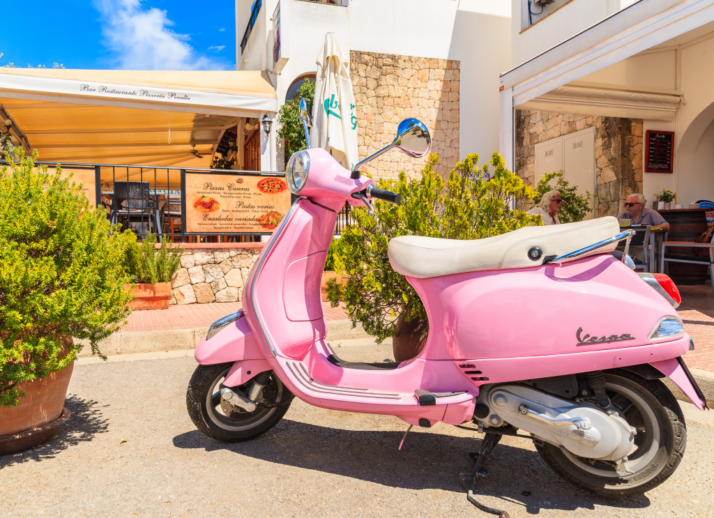 Pink Vespa, Ibiza Island, Spain jigsaw puzzle in Cars & Bikes puzzles on TheJigsawPuzzles.com