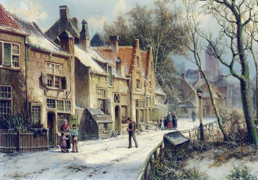 Villagers in a Snow-covered Dutch Town jigsaw puzzle in Piece of Art puzzles on TheJigsawPuzzles.com