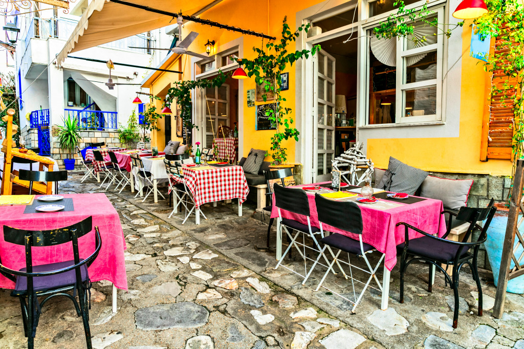 Street Tavern, Skiathos Island, Greece jigsaw puzzle in Food & Bakery puzzles on TheJigsawPuzzles.com