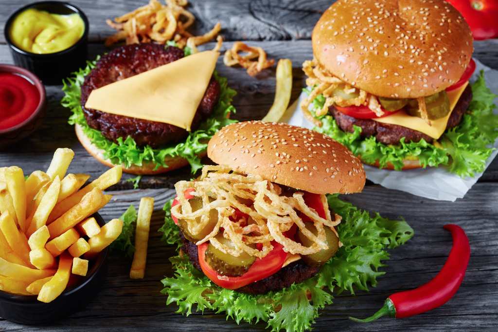 Three Cheeseburgers jigsaw puzzle in Food & Bakery puzzles on TheJigsawPuzzles.com
