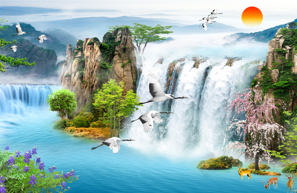 Orientalische Landschaft mit Wasserfall jigsaw puzzle in Wasserfälle puzzles on TheJigsawPuzzles.com