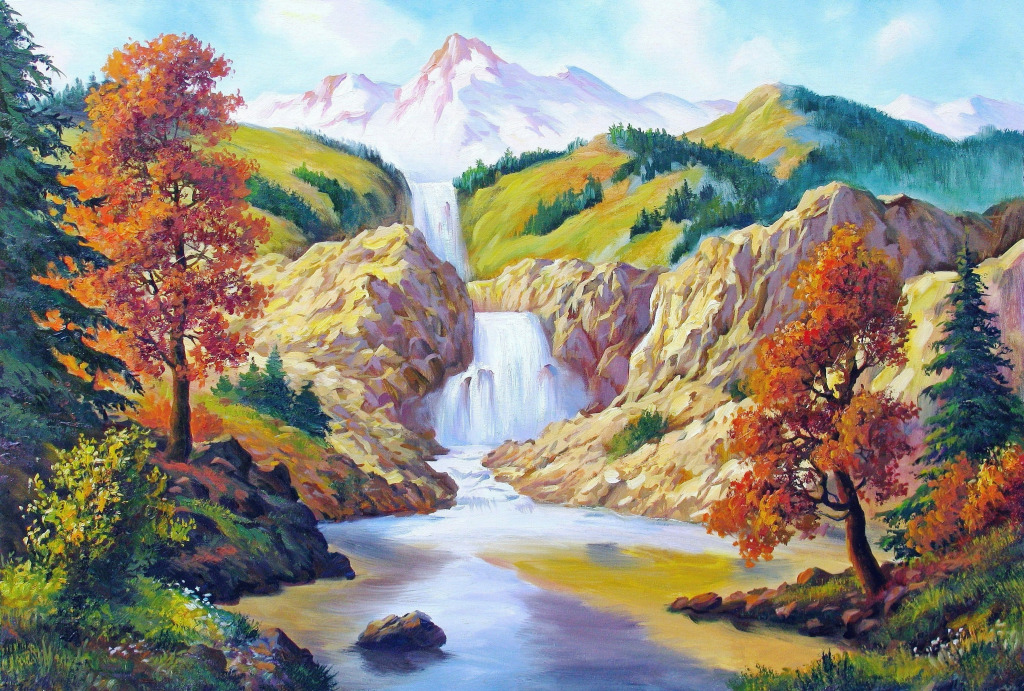 Herbstlandschaft mit Wasserfall jigsaw puzzle in Wasserfälle puzzles on TheJigsawPuzzles.com