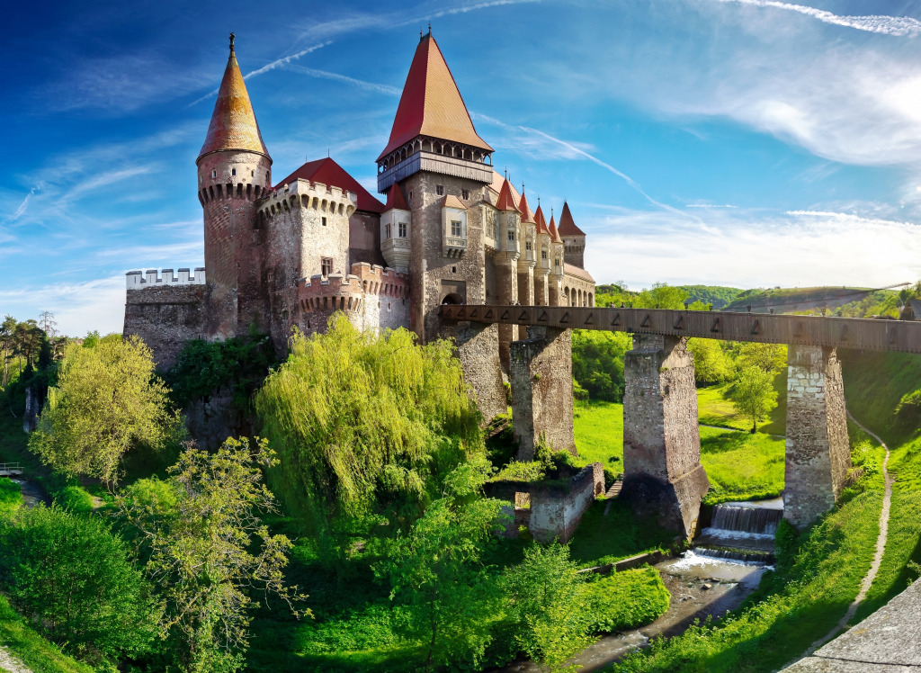 Burg Hunedoara mit Brücke, Rumänien jigsaw puzzle in Schlösser puzzles on TheJigsawPuzzles.com