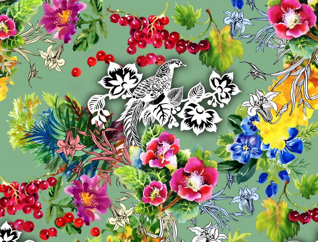 Экзотические фазаны с цветами jigsaw puzzle in Цветы puzzles on TheJigsawPuzzles.com