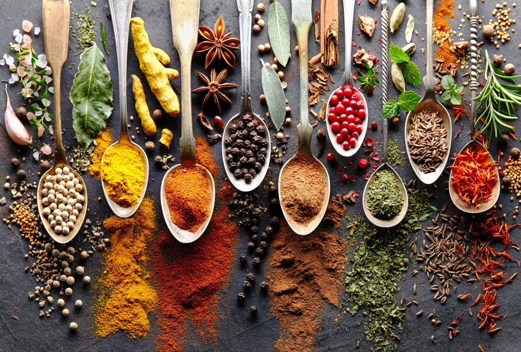 Spices on a Black Board jigsaw puzzle in Food & Bakery puzzles on TheJigsawPuzzles.com