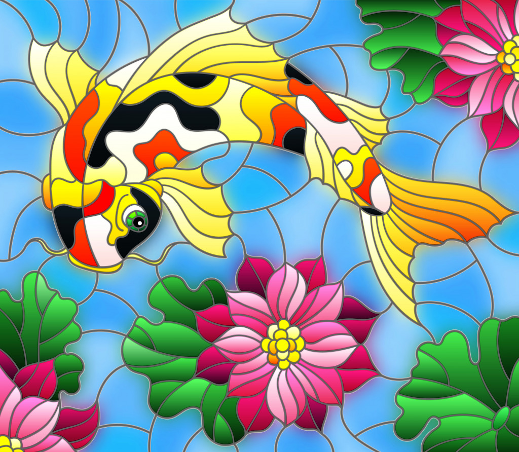 Stained Glass Koi Carp jigsaw puzzle in Sous les mers puzzles on TheJigsawPuzzles.com