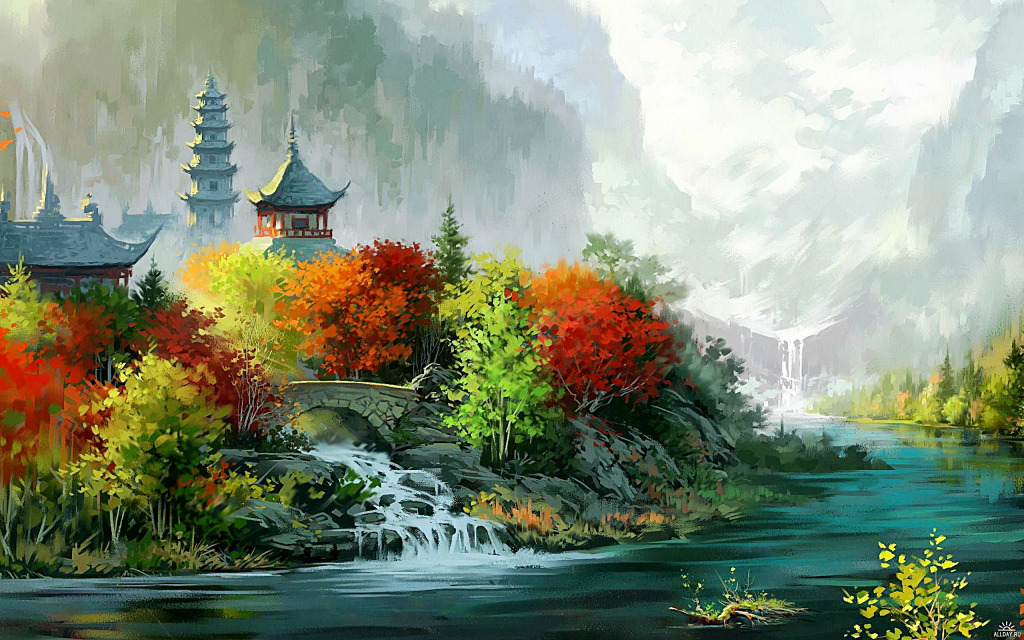 Landscape with a Temple jigsaw puzzle in Waterfalls puzzles on TheJigsawPuzzles.com