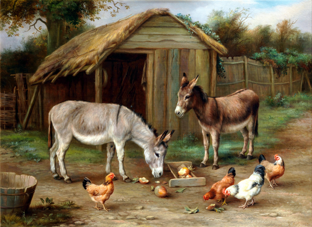Farmyard Scene with Donkeys and Chickens jigsaw puzzle in Piece of Art puzzles on TheJigsawPuzzles.com