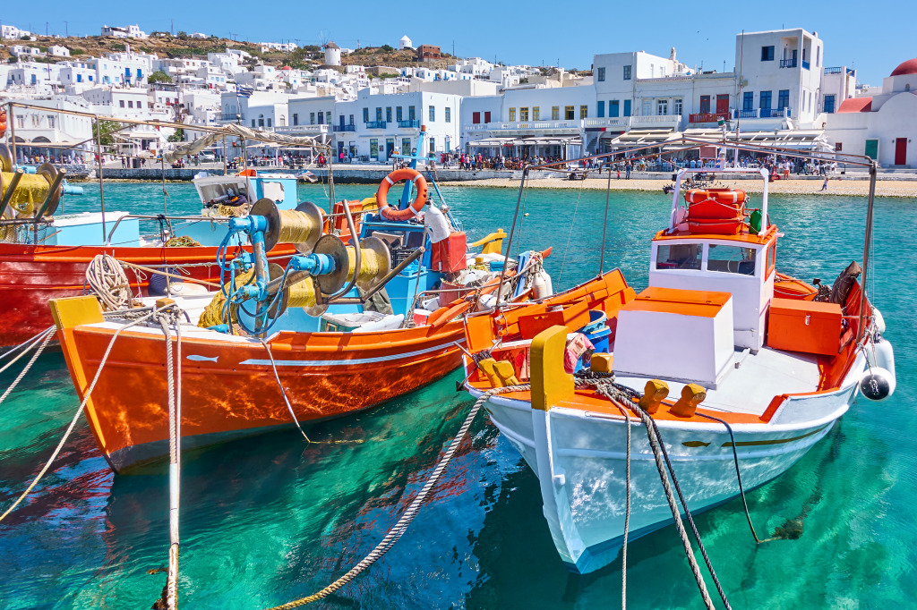 Chora Town Harbor, Mykonos Island, Greece jigsaw puzzle in Puzzle of the Day puzzles on TheJigsawPuzzles.com