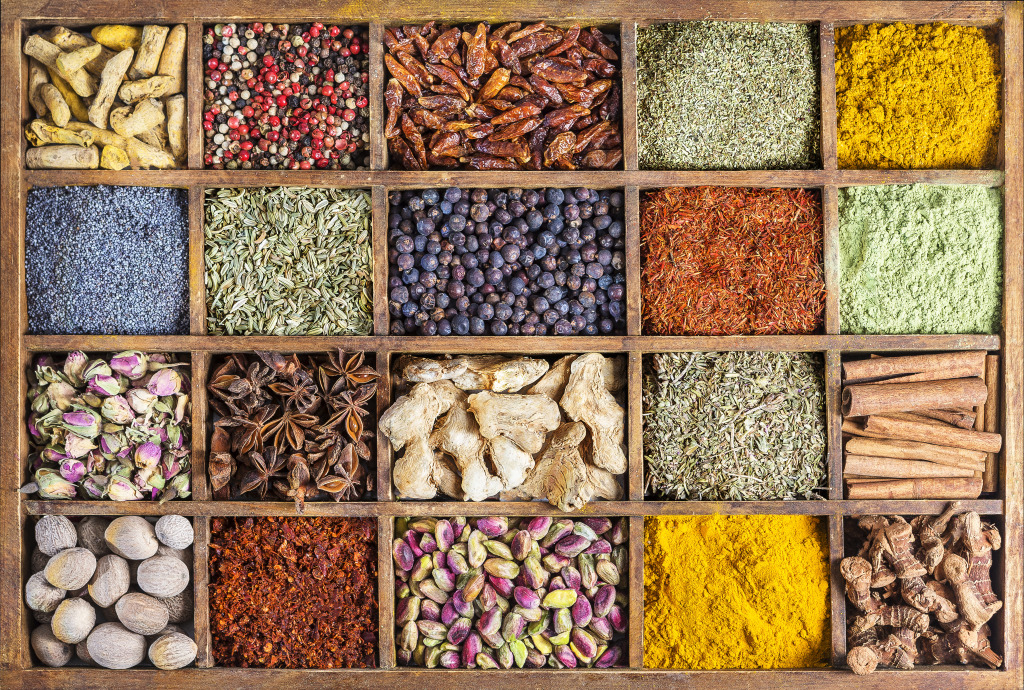 Wooden Box with Spices and Herbs jigsaw puzzle in Macro puzzles on TheJigsawPuzzles.com