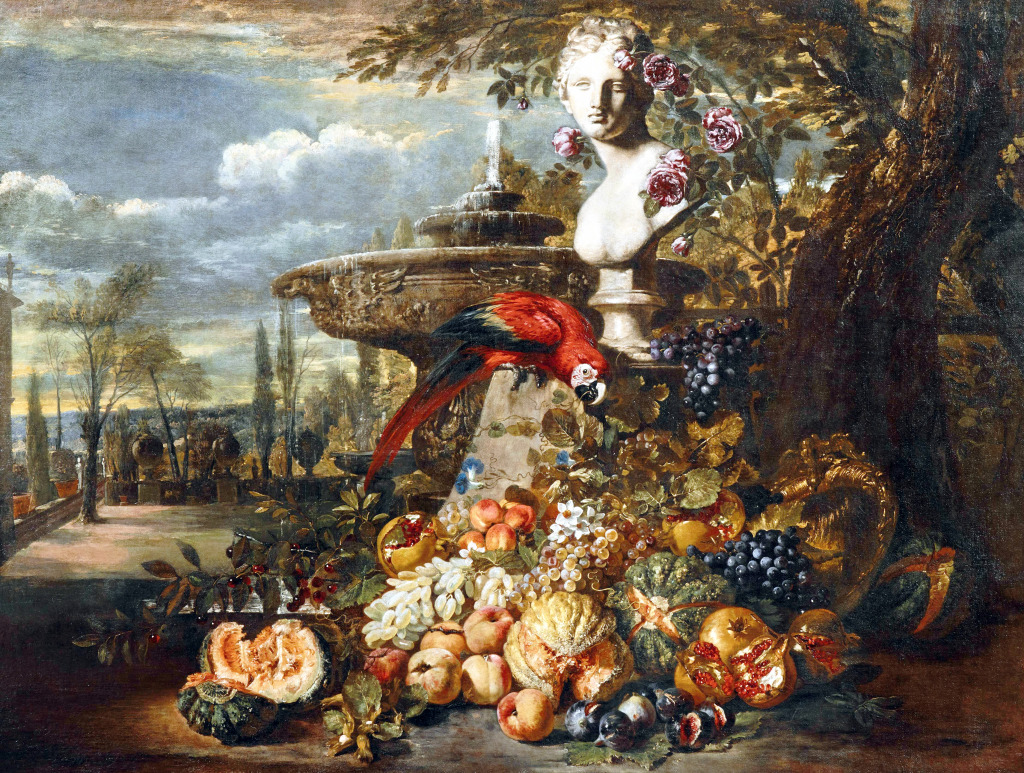 Parrot and Fruits in an Italianate Park jigsaw puzzle in Fruits & Légumes puzzles on TheJigsawPuzzles.com