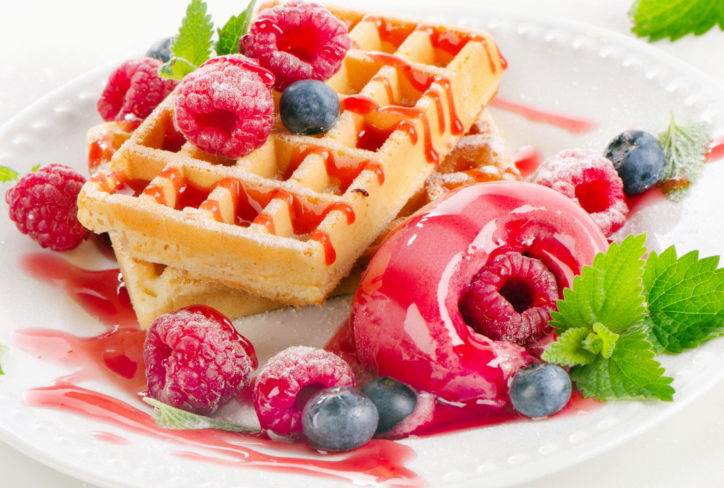 Raspberry Sorbet and Waffles jigsaw puzzle in Food & Bakery puzzles on TheJigsawPuzzles.com
