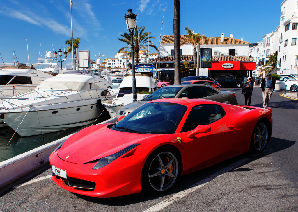 Red Ferrari in Puerto Banus, Spain jigsaw puzzle in Cars & Bikes puzzles on TheJigsawPuzzles.com