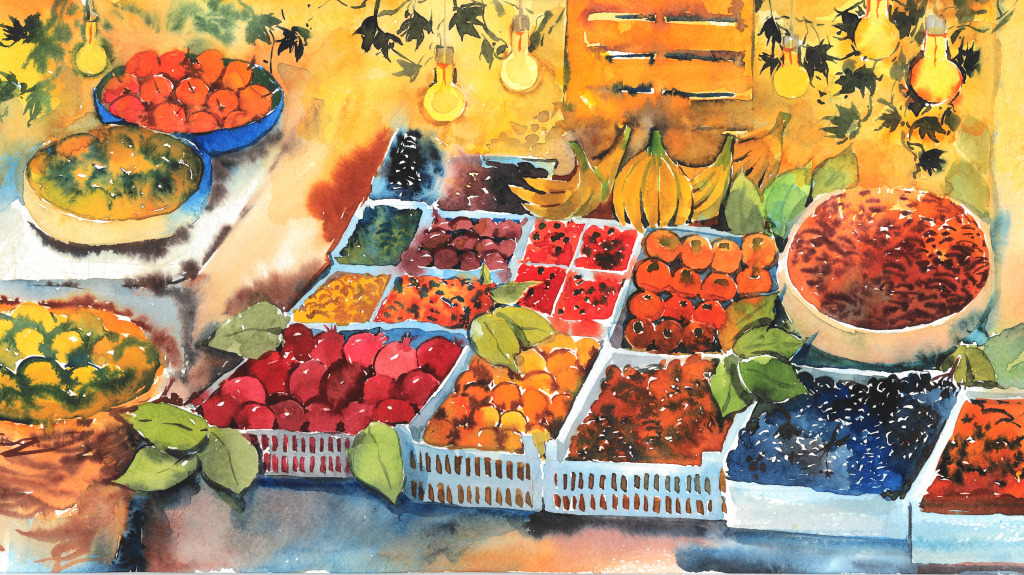 Aquarelle du marché aux fruits jigsaw puzzle in Fruits & Légumes puzzles on TheJigsawPuzzles.com