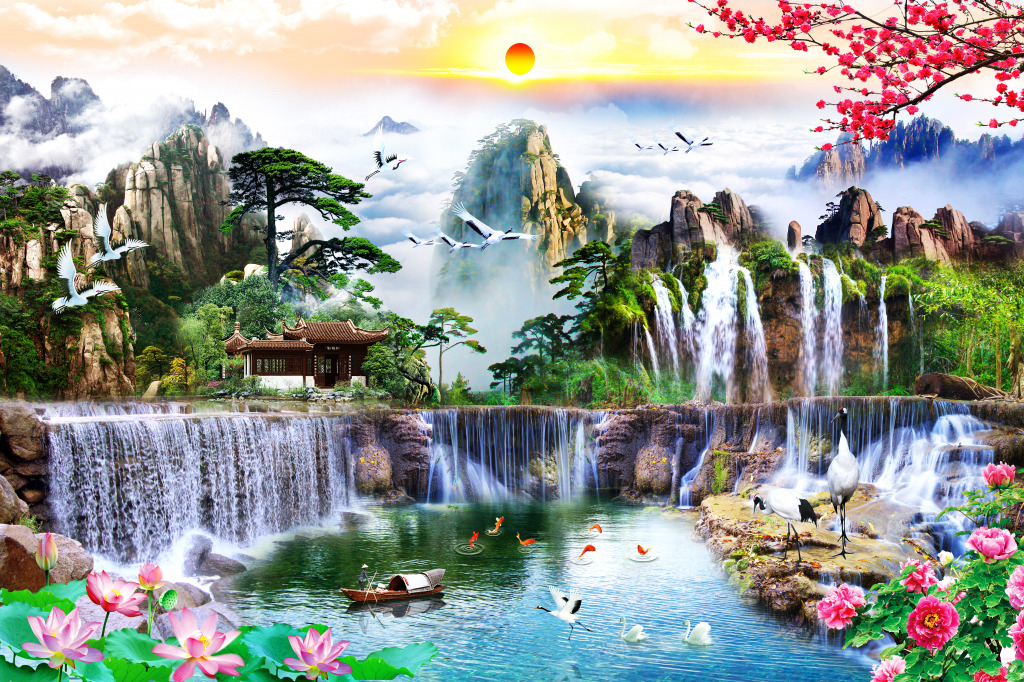 Landschaft mit Wasserfall jigsaw puzzle in Wasserfälle puzzles on TheJigsawPuzzles.com