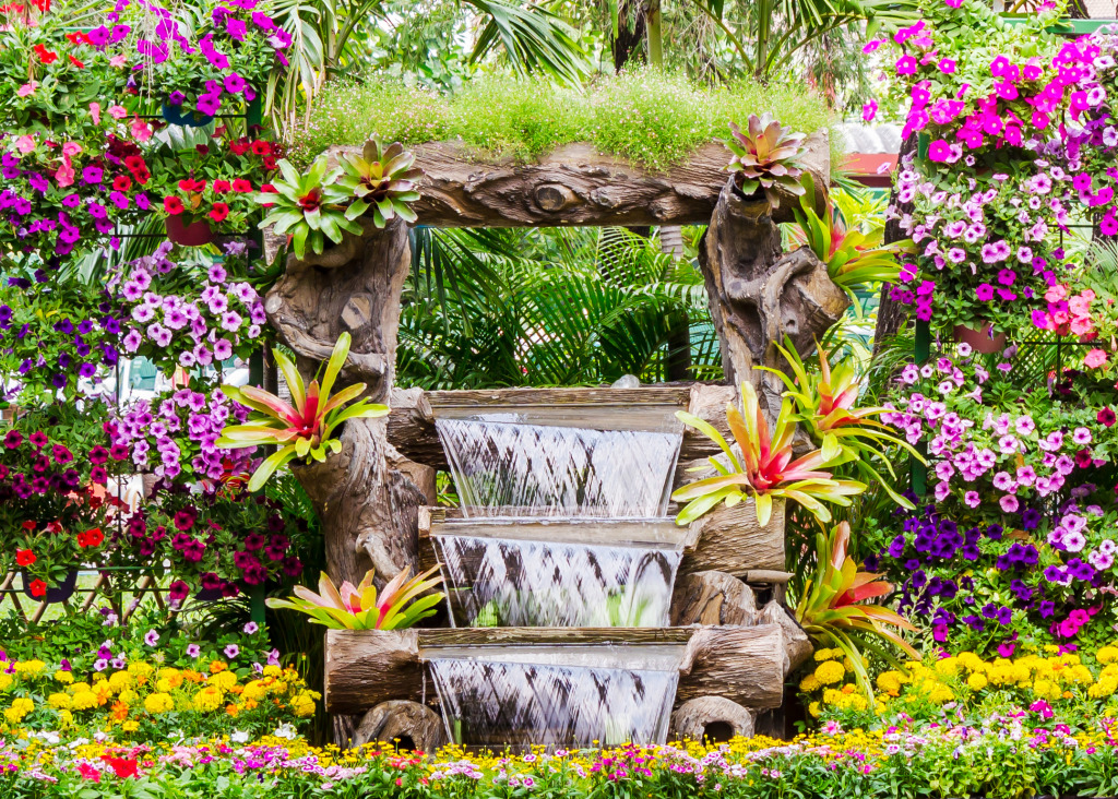 Jardin de fleurs avec une cascade jigsaw puzzle in Chutes d'eau puzzles on TheJigsawPuzzles.com