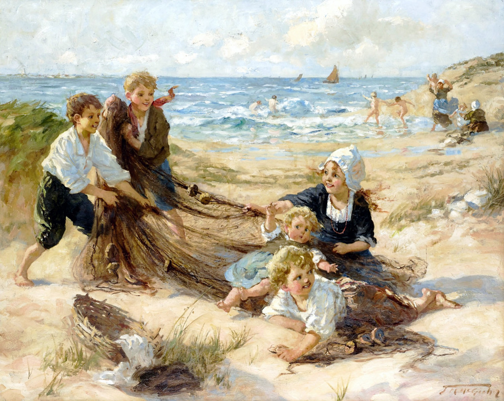 Children Playing on the Beach jigsaw puzzle in Piece of Art puzzles on TheJigsawPuzzles.com