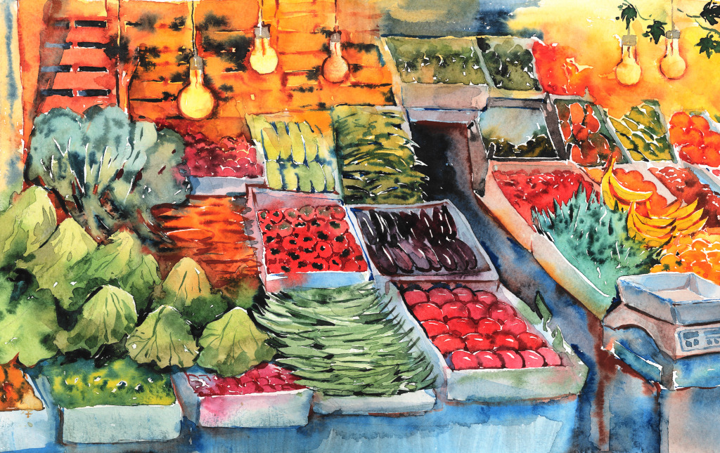 Aquarelle du marché fermier jigsaw puzzle in Fruits & Légumes puzzles on TheJigsawPuzzles.com