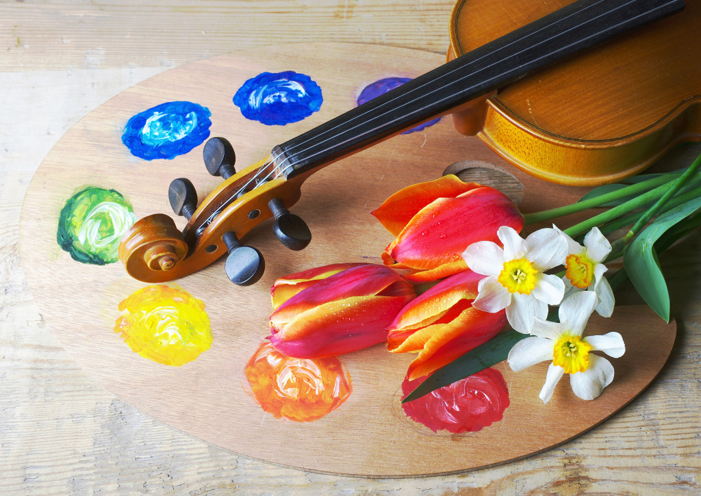 Violin, Palette and Flowers jigsaw puzzle in Puzzle of the Day puzzles on TheJigsawPuzzles.com