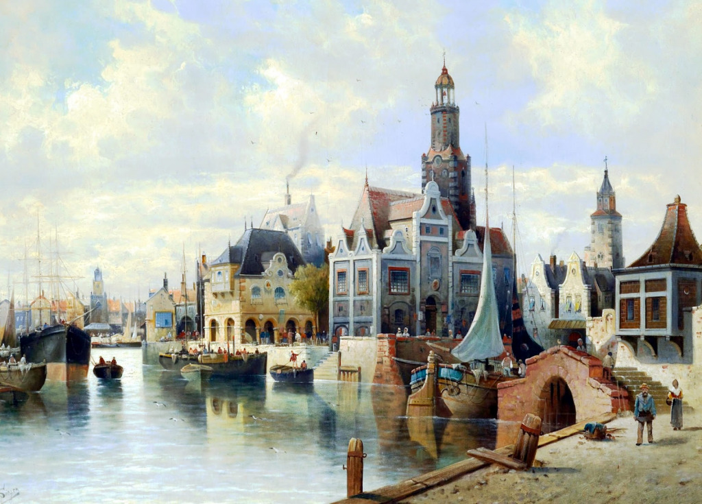 Blick auf eine niederländische Hafenstadt jigsaw puzzle in Kunstwerke puzzles on TheJigsawPuzzles.com