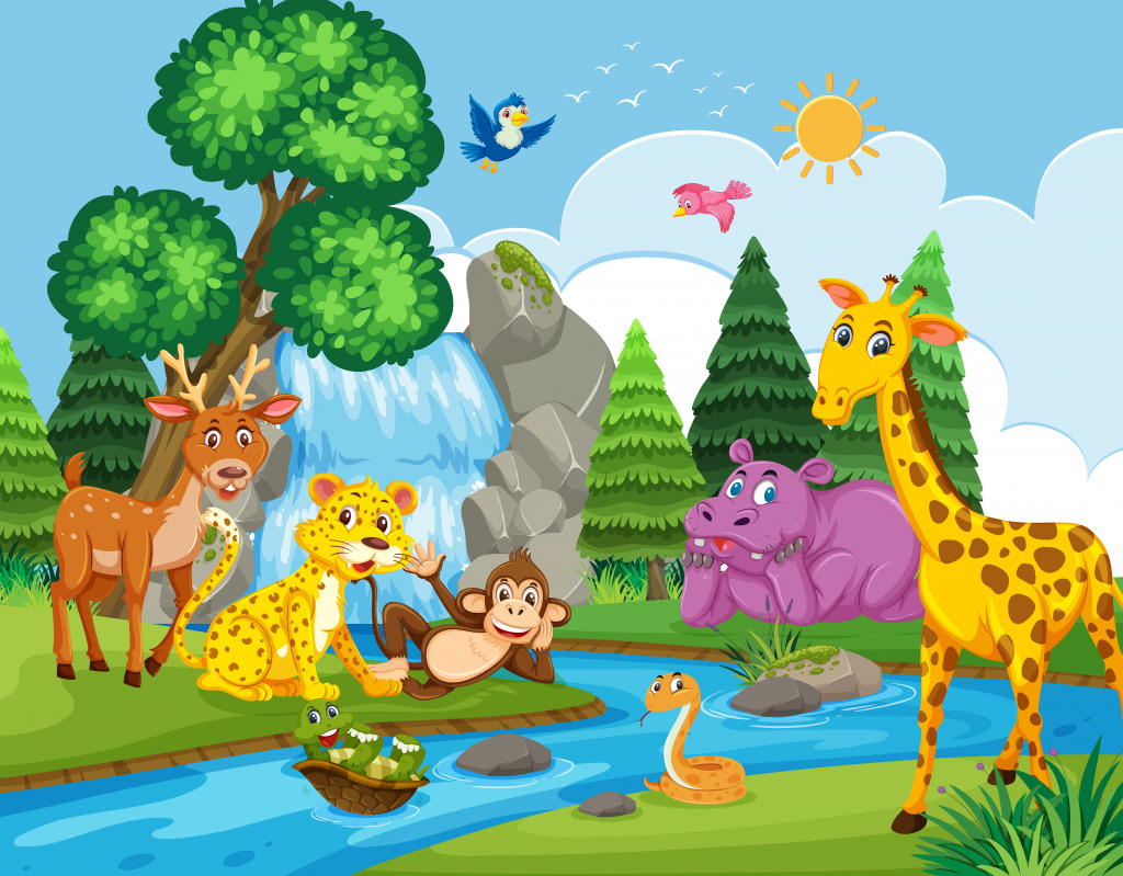 Wilde Tiere am Fluss jigsaw puzzle in Wasserfälle puzzles on TheJigsawPuzzles.com