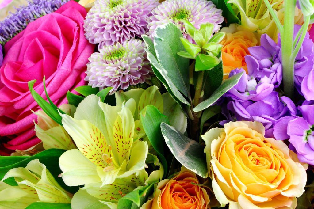 Red Roses, Chrysanthemum, Freesia and Eustoma jigsaw puzzle in Flowers puzzles on TheJigsawPuzzles.com