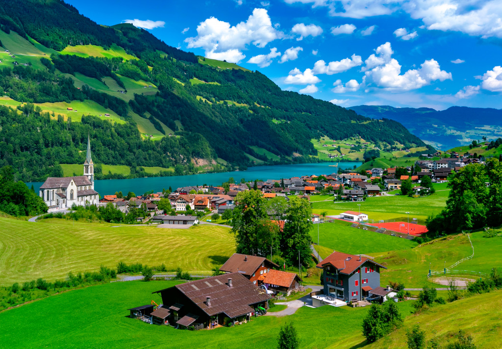 Lake Lungernsee and Swiss Village Lungern jigsaw puzzle in Puzzle of the Day puzzles on TheJigsawPuzzles.com