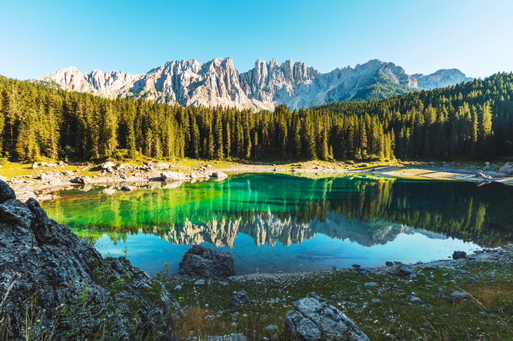 Carezza Lake in Dolomites, Italy jigsaw puzzle in Great Sightings puzzles on TheJigsawPuzzles.com